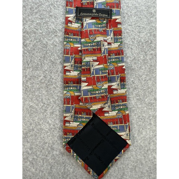 Vintage Ermenegildo Zegna Italy Men's Multicolor Sail Boat Pattern Silk Neck Tie - Picture 4 of 7